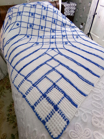 nautical vibes vintage chenille bedspread, blue dots on white cotton with cathedral stripes, full size coastal cottage bedding