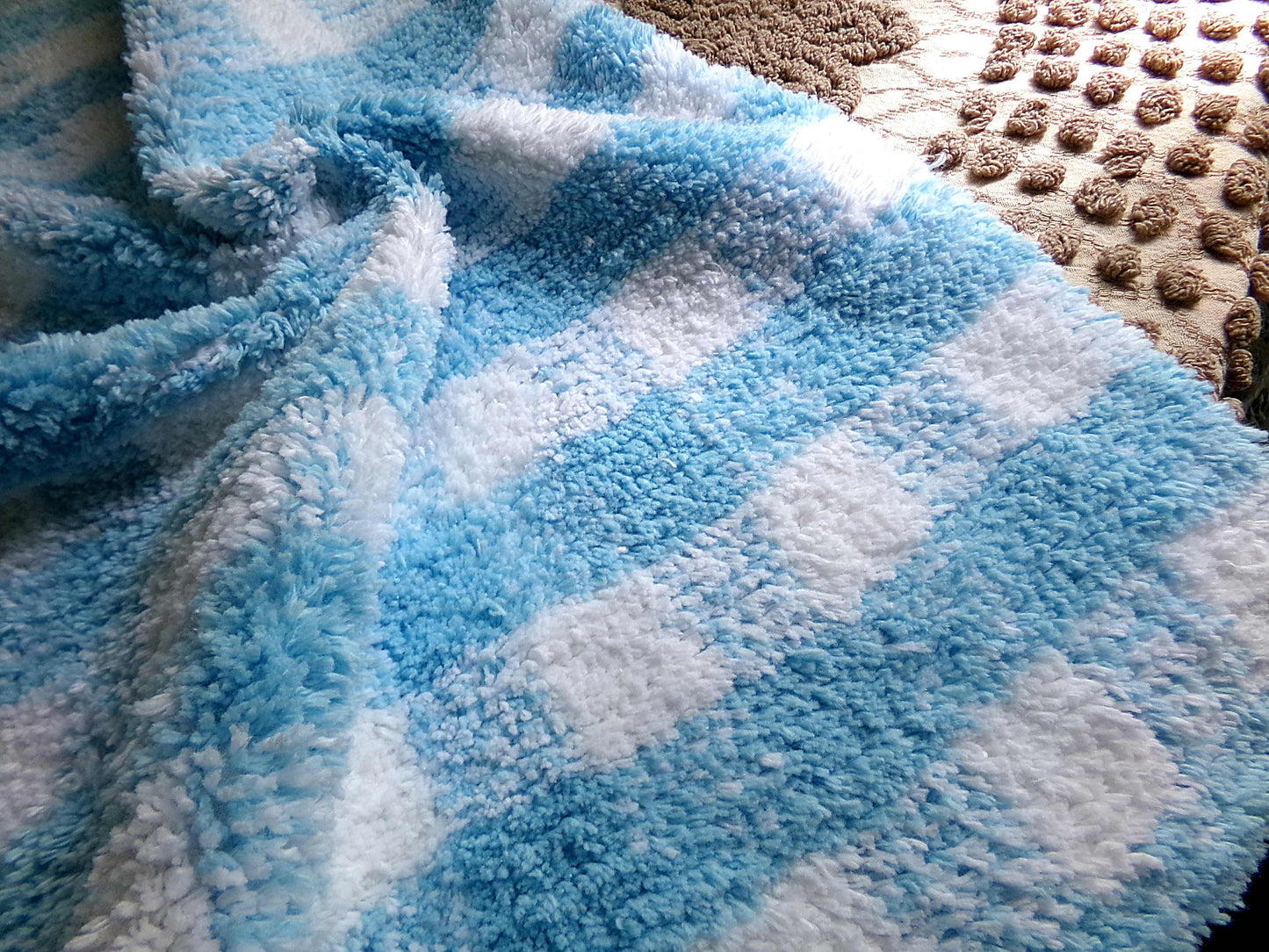 Cuddly Vintage Chenille Fabric in Cozy Blue & White Gingham Country Plaid, 18" x 24" inch Piece, Soft Plush Cotton Blend