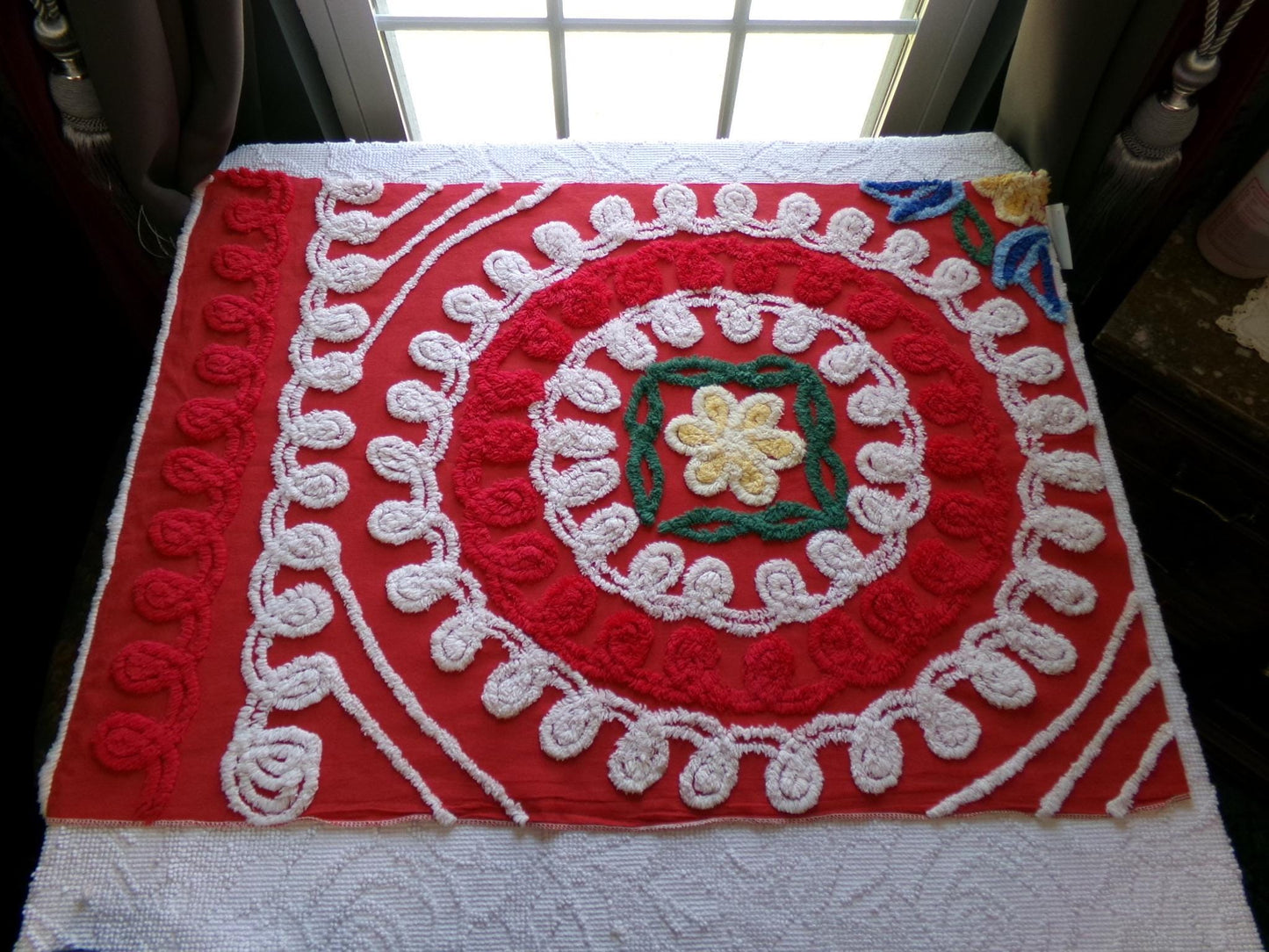 passion red vintage chenille fabric, large circular labyrinth of curlicues, large 32" x 23" cut piece for sewing, wall hanging, quilts