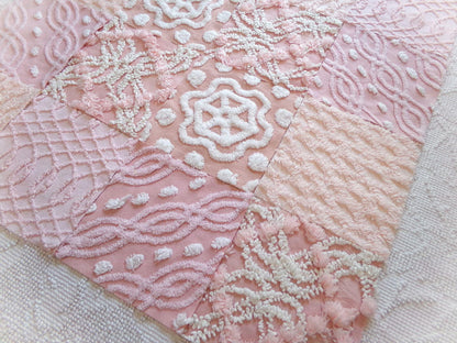 feminine glow vintage 6" chenille squares, set of 16 quilt blocks, rotary cut from pink & peach vintage chenille bedspread fabrics