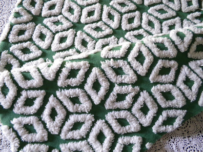 Forest Green Snowflakes Vintage Chenille Material, 18" x 25" inch Fabric Piece, 100% Cotton, Geometric Wedge White Snowflake Design