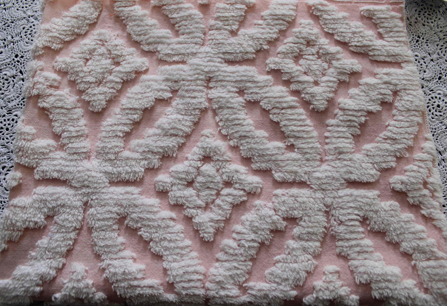 sculpted petals vintage chenille fabric, white tufting on cool pink, 20" x 25" inch piece, 100% cotton