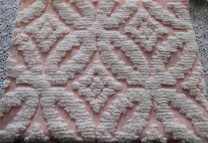 sculpted petals vintage chenille fabric, white tufting on cool pink, 20" x 25" inch piece, 100% cotton