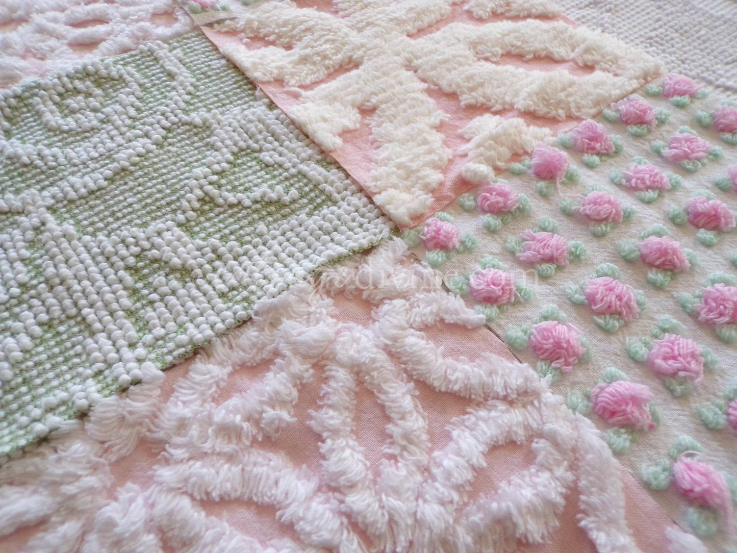 pink & green chenille fabric squares, set of 16 vintage quilt blocks 6" each, popular spring daisy, rosebud and hobnail patterns