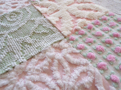 pink & green chenille fabric squares, set of 16 vintage quilt blocks 6" each, popular spring daisy, rosebud and hobnail patterns