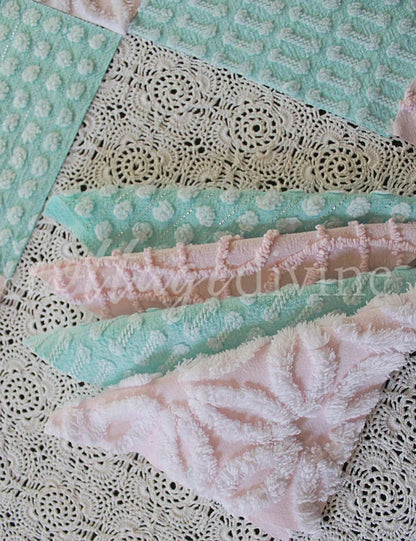 Pink & Aqua Chenille Quilt Squares Set, Rotary Cut from Vintage Chenille Bedspread Fabric, 16 Blocks, 6" x 6" inch each