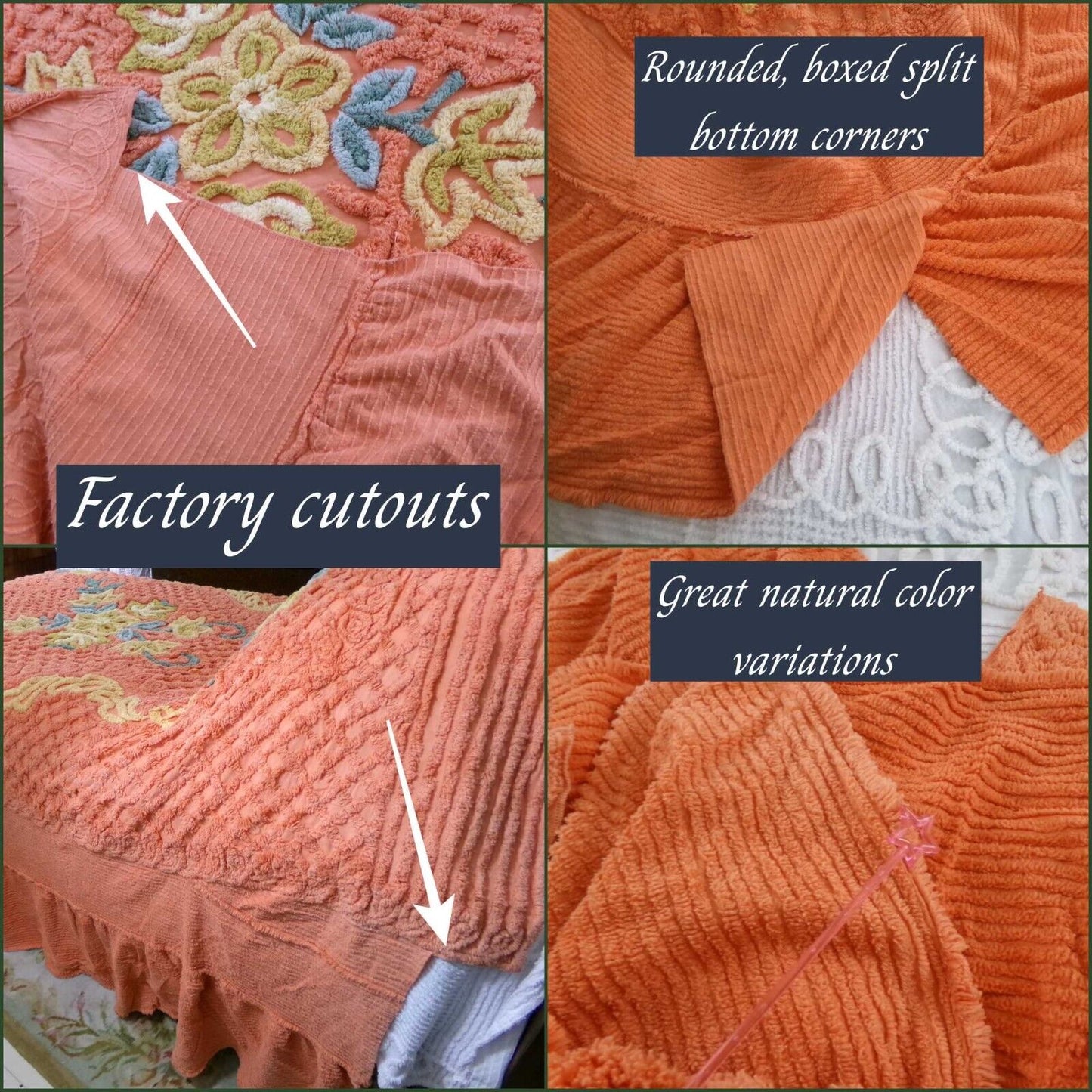 Vivid Orange Floral Vintage Chenille Bedspread, Boxed & Fitted Design, Full Size
