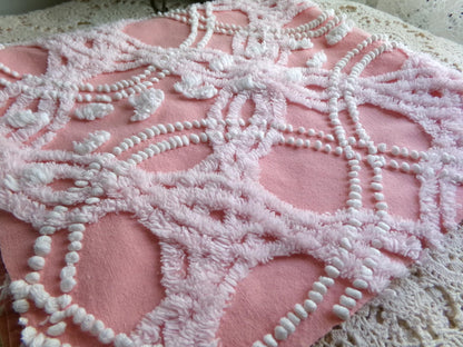 infinity links vintage chenille fabric, beautiful rose pink pearl pop design, 21" x 18" piece of cotton sewing material for pillows & quilts