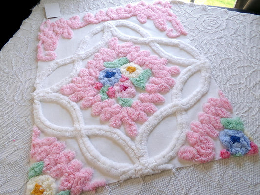 heavenly cottage chic vintage chenille fabric, heavy tufted frosted wedding cake floral 17" x 23" inch piece of pink & white sewing material