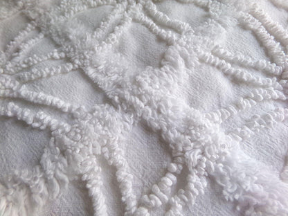 classy white chenille fabric, 3D windowpane webbing design, 20" x 25" inch piece of vintage sewing quilt material, versatile cool neutral