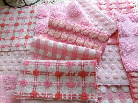 poppin pink chenille fabric squares, cute popcorn textures, 16 vintage quilt blocks 6" x 6" inch, for patchwork pillows, quilting, crafts