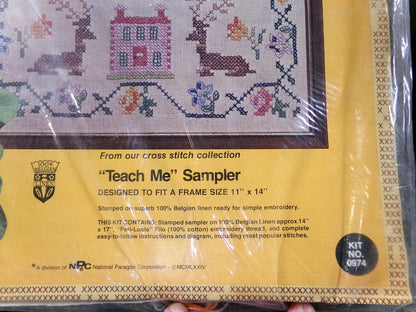 TEACH ME Cross Stitch Sampler Kit Vtg Paragon Needlecraft 0974 Belgian Linen