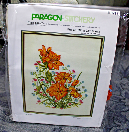 TIGER LILIES Vtg Crewel Embroidery Kit Boho Lily Floral Paragon Stitchery 0213