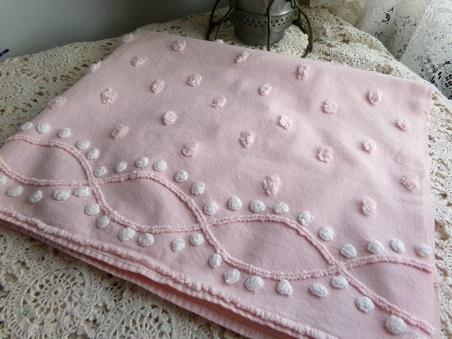 petal pink feminine chenille fabric, vintage sewing material with wideset pops & infinity link accents, lightweight 20" x 27" inch piece
