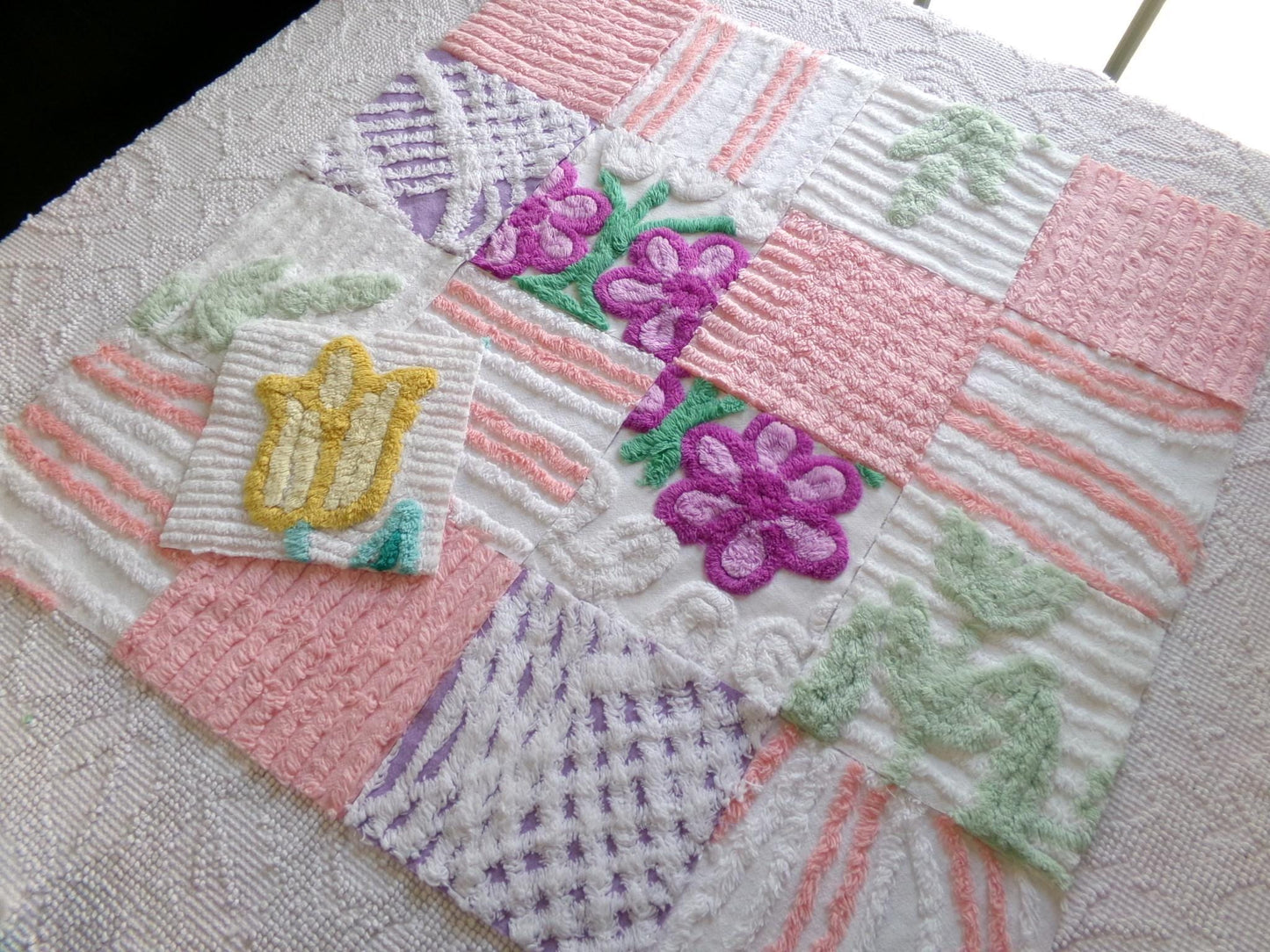 springtime mix 6" chenille squares, peach, white & purple set of 17 craft quilt blocks cut from vintage chenille bedspread fabrics