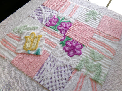 springtime mix 6" chenille squares, peach, white & purple set of 17 craft quilt blocks cut from vintage chenille bedspread fabrics