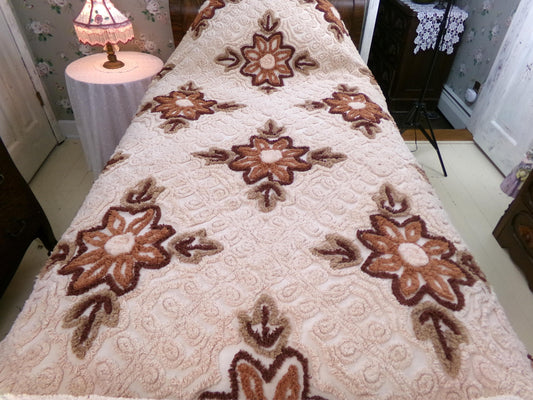 hazelnut coffee floral vintage chenille bedspread, full size luxury bedding with an integrated skirt, boxed & fitted design, boho retreat