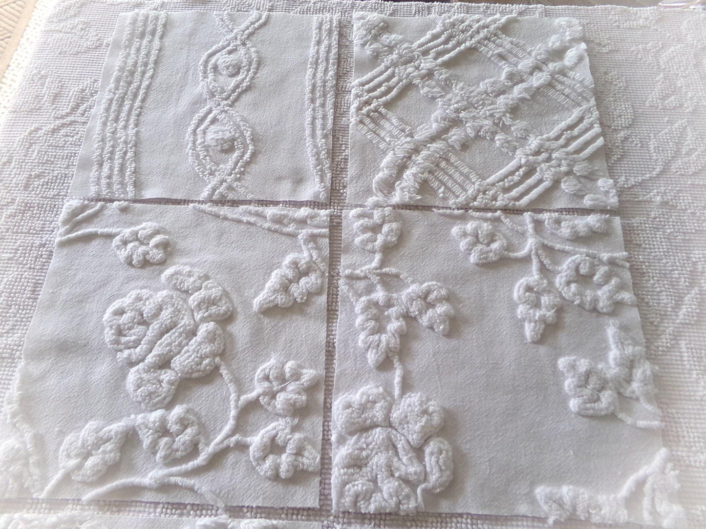 rambling rose vintage chenille fabric squares, set of 6 large 9.5" white quilt blocks, floral & geometric prints for sewing, quilting