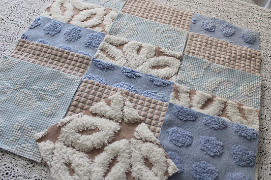 Beach Walk Vintage Chenille Fabric Squares, Blue, White & Sand Craft Square Set, 16 Blocks, 6" x 6" inch, Modern Chic