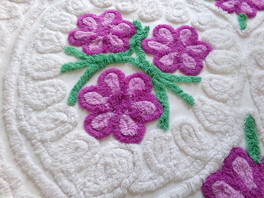 Whimsical Violets Vintage Chenille Fabric, 18" x 20" Inch Piece Plush White Cotton Sewing Material, Great for DIY Pillow