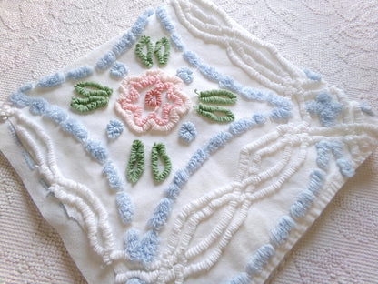 cottage chic vintage chenille fabric: pink & blue floral 24" x 24" cut piece sewing material