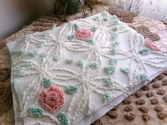 Pink Rose Garden Vintage Chenille Fabric, 18" x 25" Piece, Lovely Pink Florals in White Wedding Rings with Green Pops, 100% cotton material
