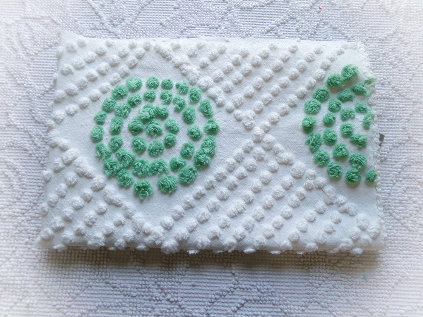 sweet shamrock green vintage chenille fabric, diamond circle pattern, 16" x 24" piece of white cotton sewing material for quilts, crafts