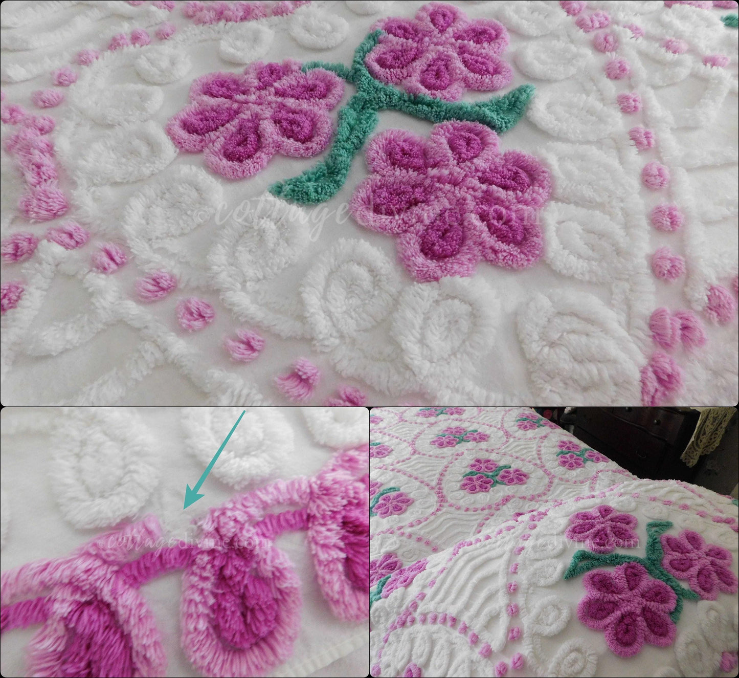 Cottage Style Bedding, Jumbo Hearts, Midcentury Romance Vintage Chenille Bedspread, Full Size