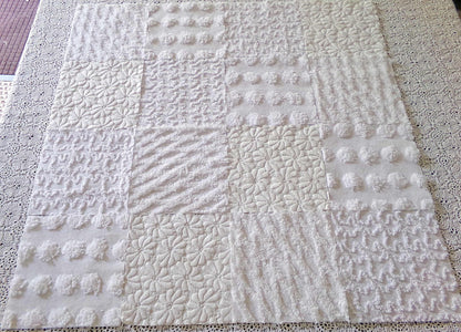White Fabric Squares Cut from Vintage Woven & Chenille Bedspreads, *Daisies in Snow* Shades of White, 16 Quilt Blocks, 6" x 6" inch each