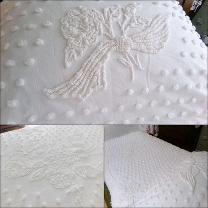 romantic farmhouse style white vintage chenille bedspread, roses, dots & swag bows, twin size cotton summer coverlet