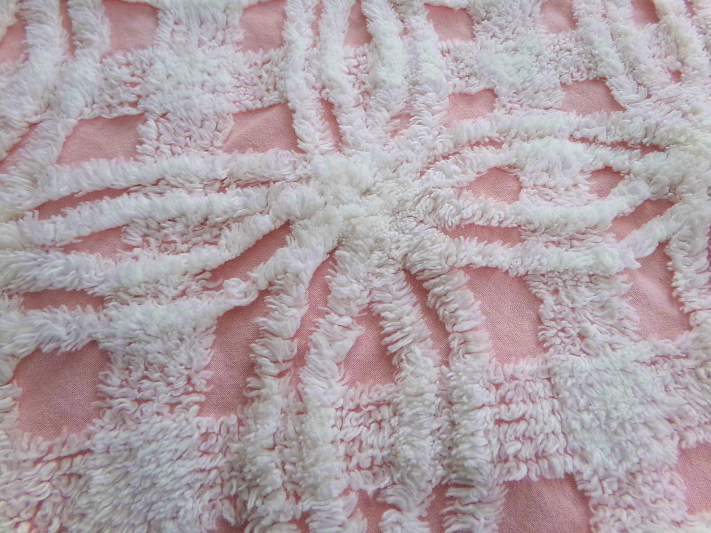quilter's favorite chenille fabric, classic pink & white spider tufted sewing material, 20" x 24" inch piece from vintage chenille bedspread