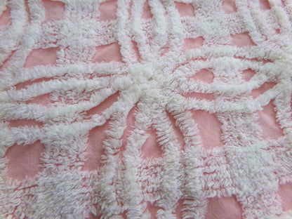 quilter's favorite chenille fabric, classic pink & white spider tufted sewing material, 20" x 24" inch piece from vintage chenille bedspread