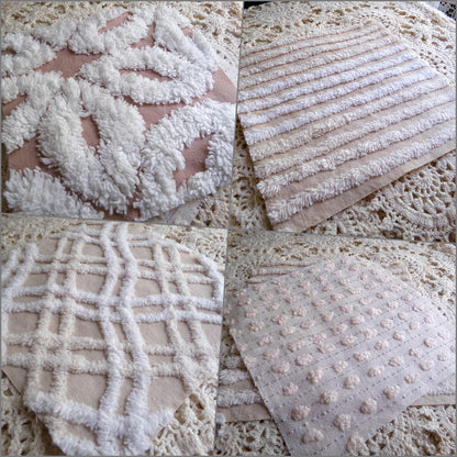 Neutral Modern Chenille Quilt Squares Set from Vintage Bedspread Fabric, 16 Blocks 6" x 6" inch, Daisy, Wavy Honeycomb, Stripe, Dot Patterns