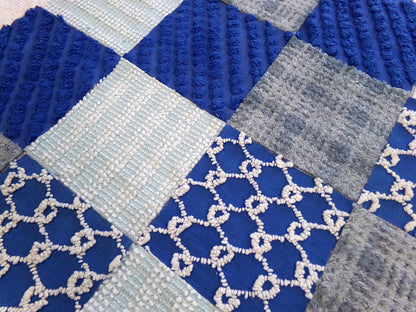 Vintage Chenille Fabric Squares - Set of 16 - Sporty Grey, White & Blue - 6" Quilt Blocks