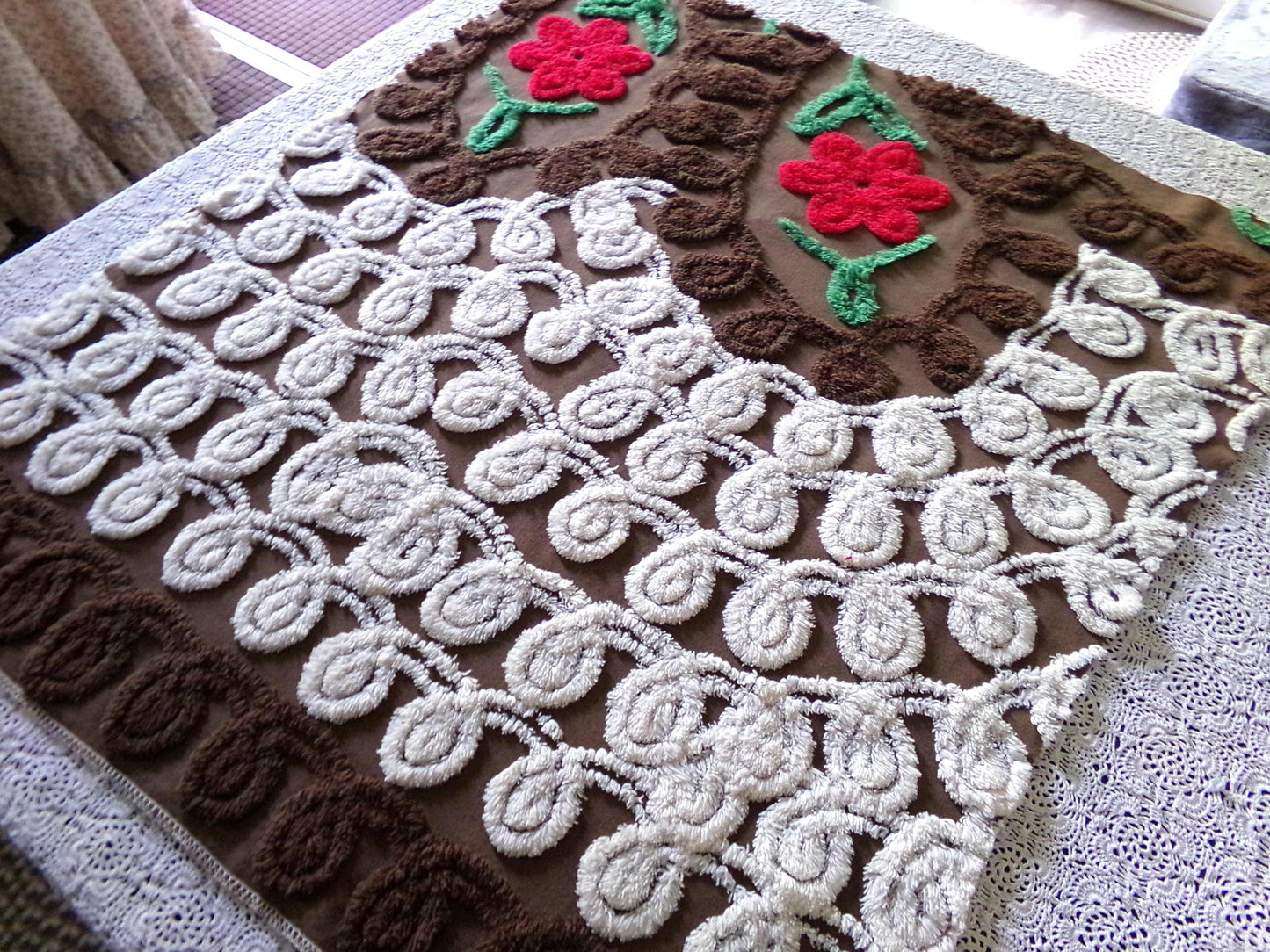 Yummy Chocolate Cherry Cake Vintage Chenille Fabric, Plush 25" x 26" Inch Piece, Great for Boho Pillows, Quilts, Fiber Arts