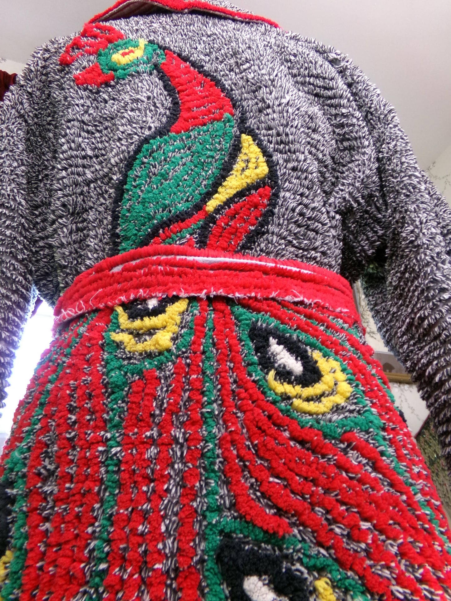 Vintage Chenille Peacock Robe, Short Length Bathrobe or Coverup, Salt 'n Pepper Black & White w/ Red Accents, Handmade