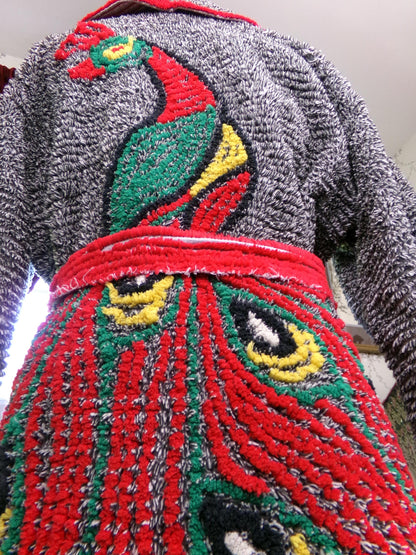 Vintage Chenille Peacock Robe, Short Length Bathrobe or Coverup, Salt 'n Pepper Black & White w/ Red Accents, Handmade
