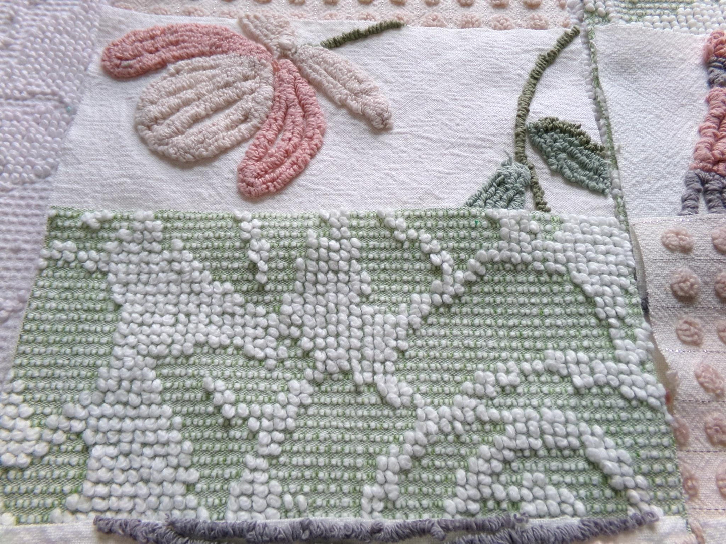 rose garden chenille fabric squares, set of 8 vintage 7.5" quilt blocks, neutrals & chic florals, for sewing, crafts, quilting