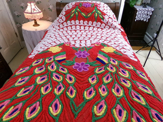 Peacock Chenille Bedspread, Vintage Fire Hydrant Red Full Size Bedding, Colorful Hearts & Curlicues