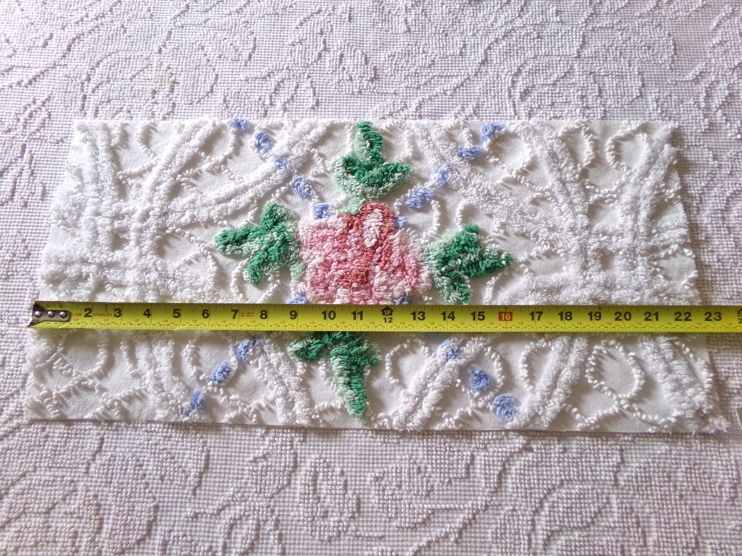 cute plush pink rose fabric piece, vintage tufted chenille cottage style sewing material, 10.5" x 22" inches