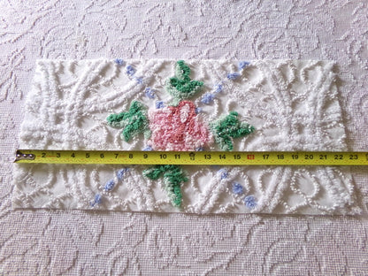 cute plush pink rose fabric piece, vintage tufted chenille cottage style sewing material, 10.5" x 22" inches