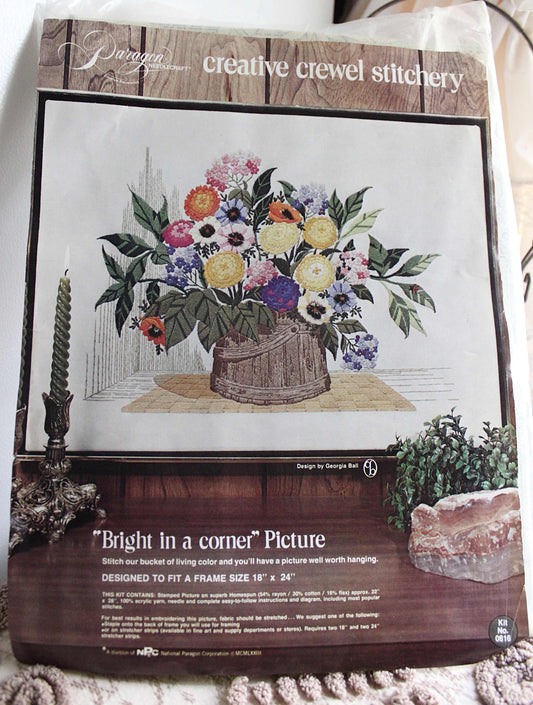BRIGHT in a CORNER Crewel Stitchery Kit, 1973 Hippie Era, Vintage 0816 Paragon Needlecraft Embroidery by Georgia Ball