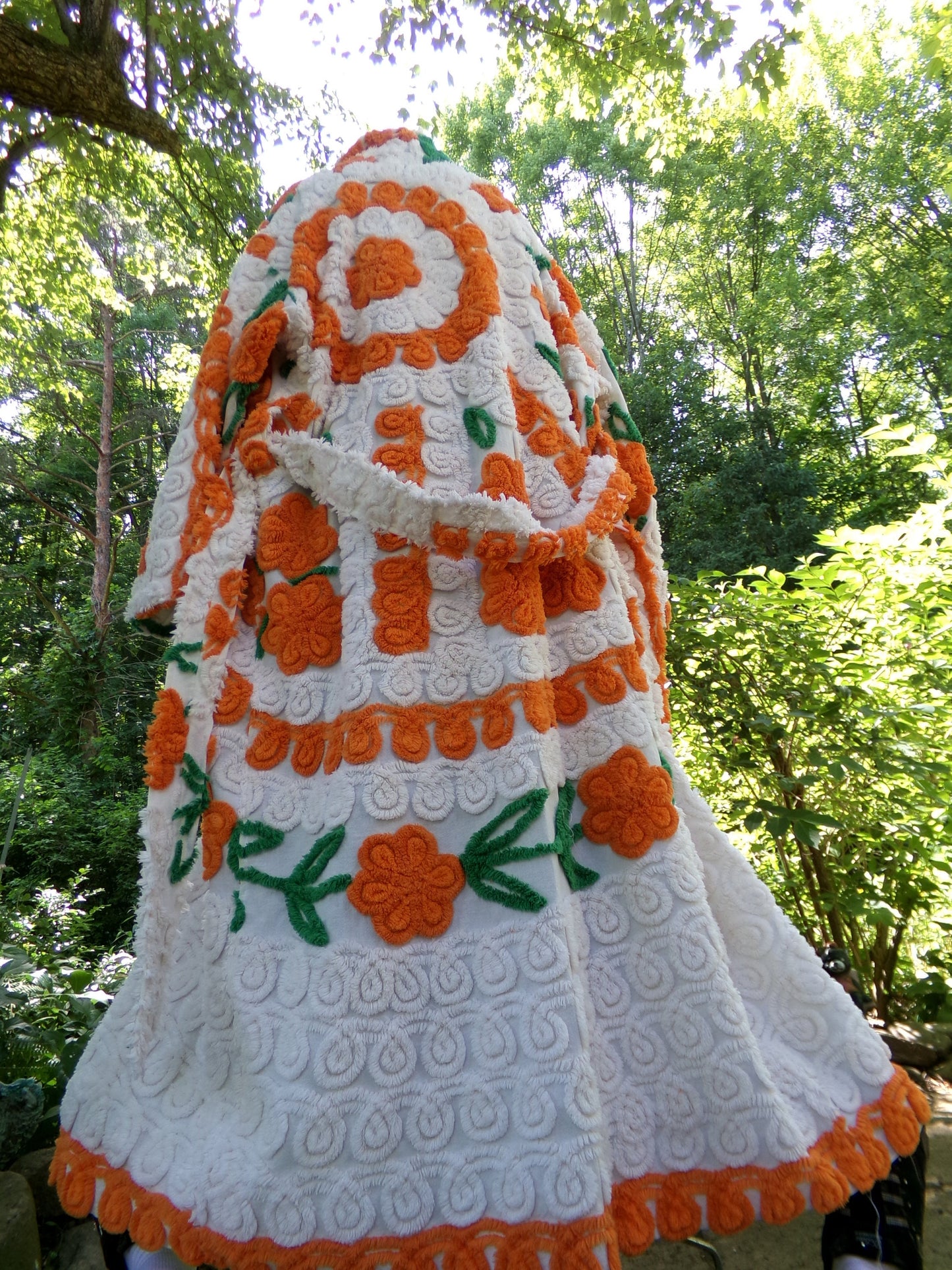Plush & Warm Women's Chenille Robe, "Citrus Dreams" Bathrobe Upcycled from Vintage Chenille Bedspread Fabrics, Size L XL 1X