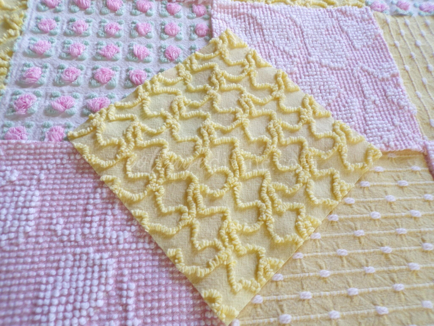 Spring Sunshine Chenille Quilt Squares Set from Vintage Bedspread Fabric, 16 Blocks, 6" x 6" inch