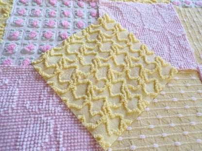 Spring Sunshine Chenille Quilt Squares Set from Vintage Bedspread Fabric, 16 Blocks, 6" x 6" inch