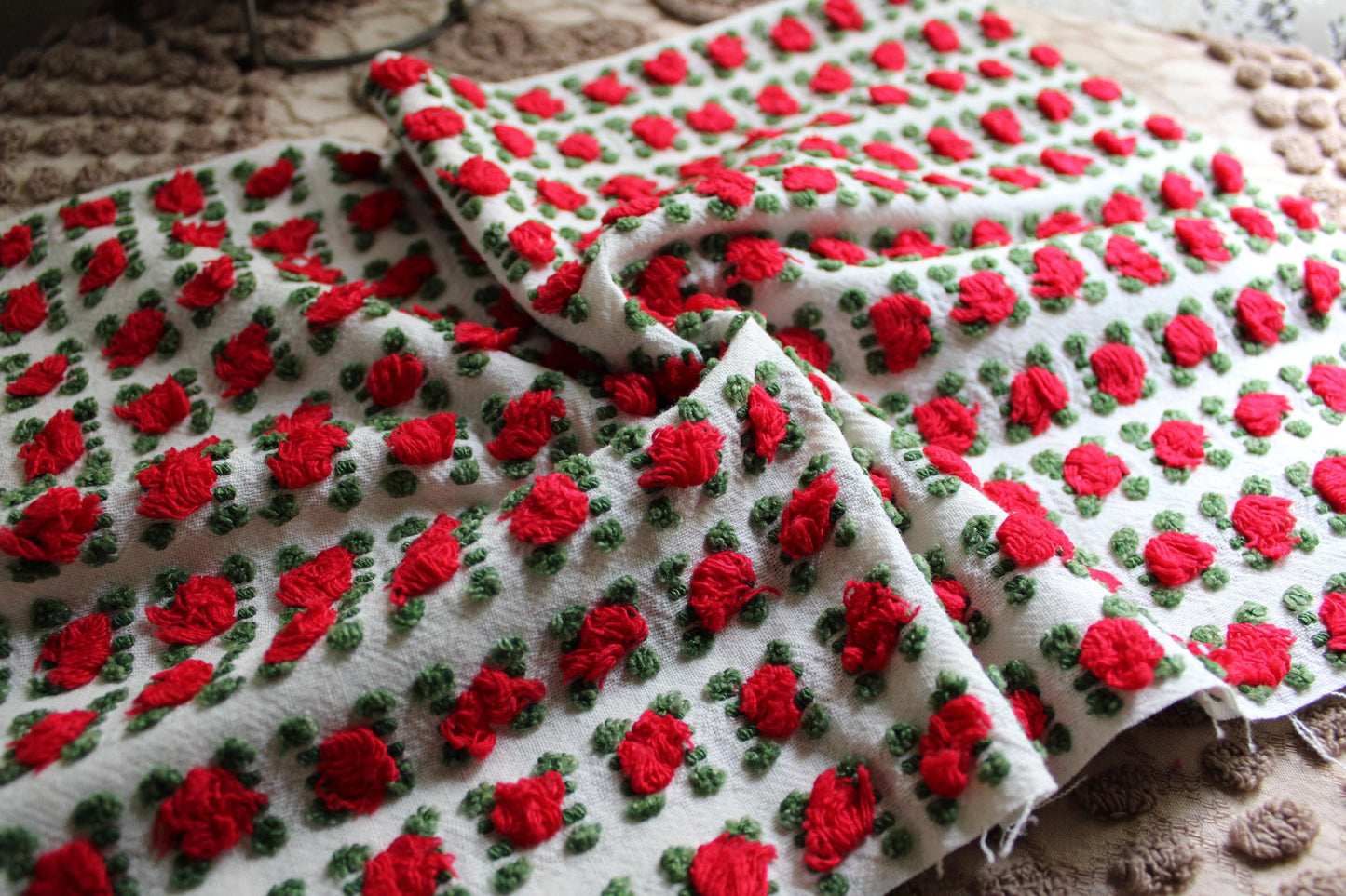 Striking Red Rosebud Vintage Chenille Fabric from Morgan Jones Roses Bedspread, 18" x 24" inch Piece