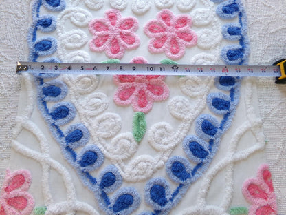 shabby pink & blue vintage chenille heart fabric, trio of roses with curlicue swirls, 18" x 22" piece of sewing material great for pillow