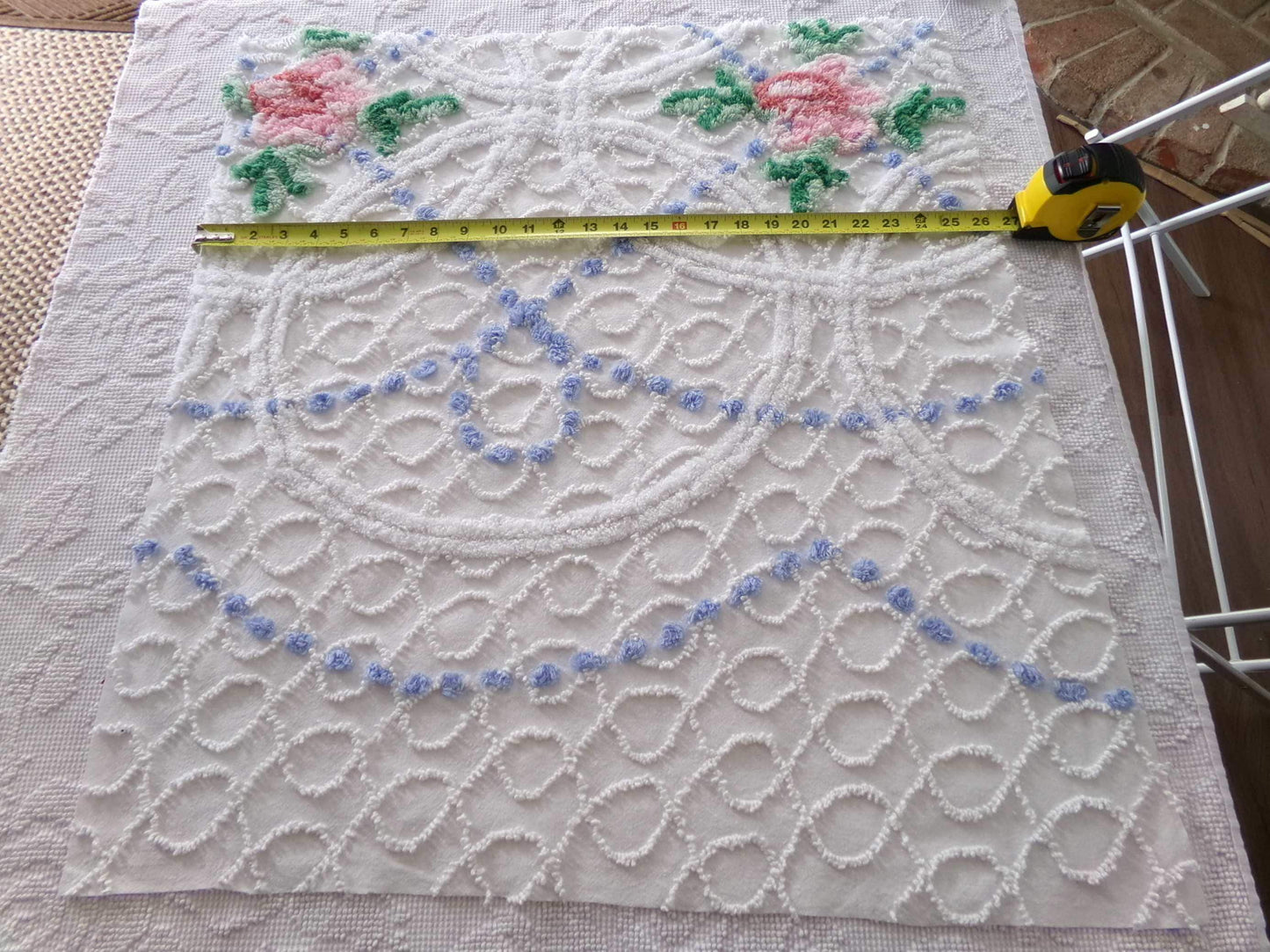lovely cottage style floral fabric, 25" x 28" inch piece cut from vintage chenille bedspread, pink rose on white geometric loops & blue pops