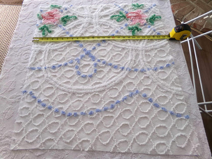 lovely cottage style floral fabric, 25" x 28" inch piece cut from vintage chenille bedspread, pink rose on white geometric loops & blue pops