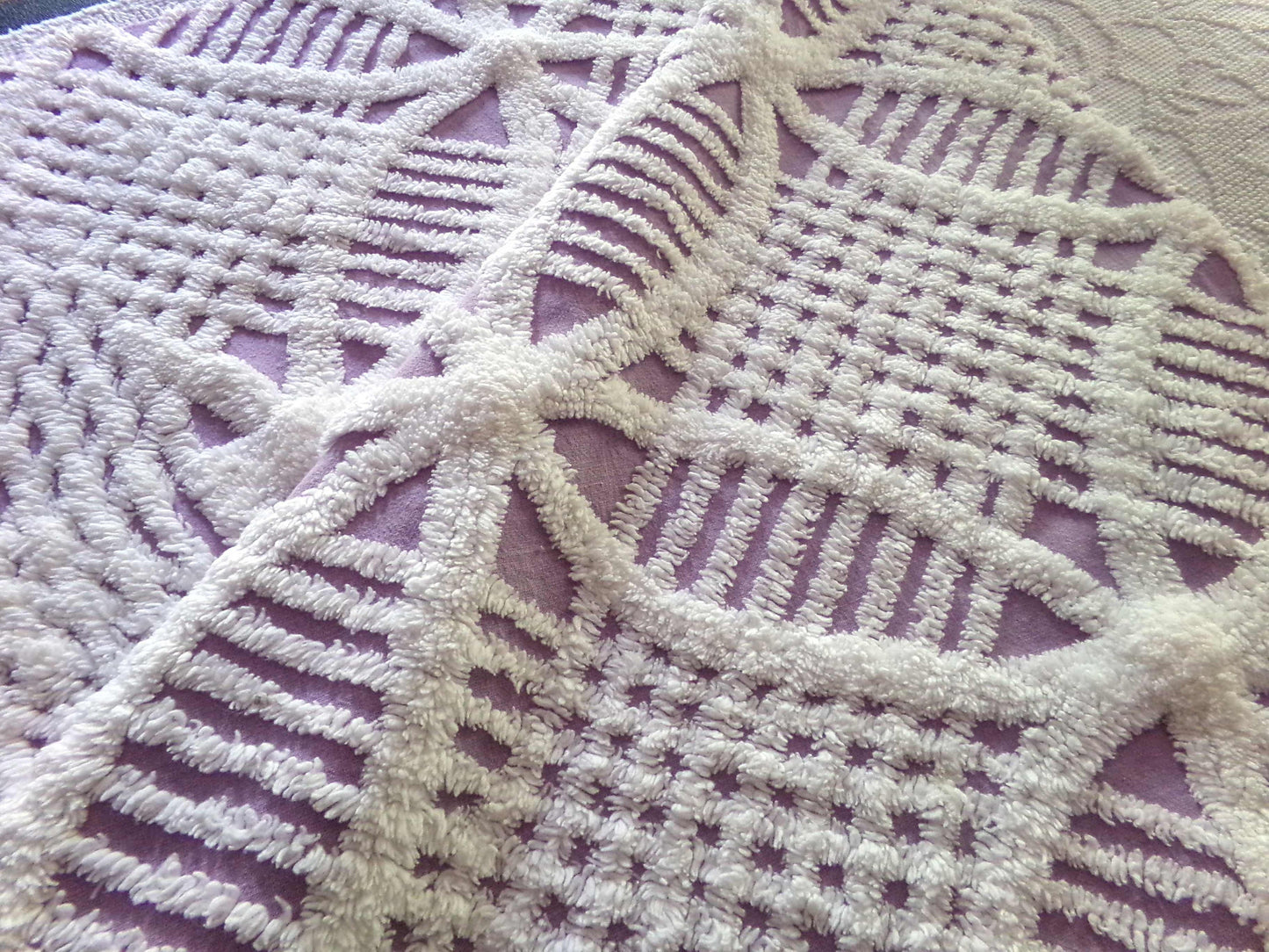 Lavender & White Vintage Chenille Fabric, 26" x 25" inch Piece, Geometric Wedding Ring Design